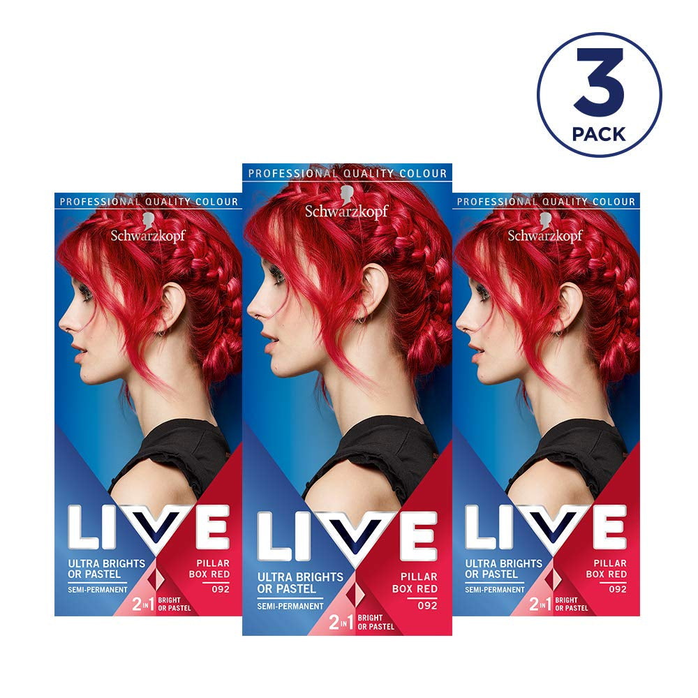 Tinte para el cabello Live Ultra Bright o Rojo Pastel 3 Piezas Color semipermanente Dura hasta 15 lavados - 092 Pillar Box Red Naty Shop Tinte para el cabello