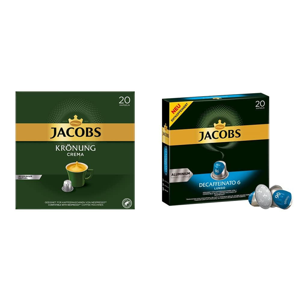 Jacobs Kaffeekapseln Krönung Crema, paquete de 10, 10 x 20 paquetes, 1040 g & Kaffeekapseln Lungo Decaffeinato- Intensität 6-200 Compatible con Nespresso Kapseln, paquete de 10, 10 x 20 paquetes