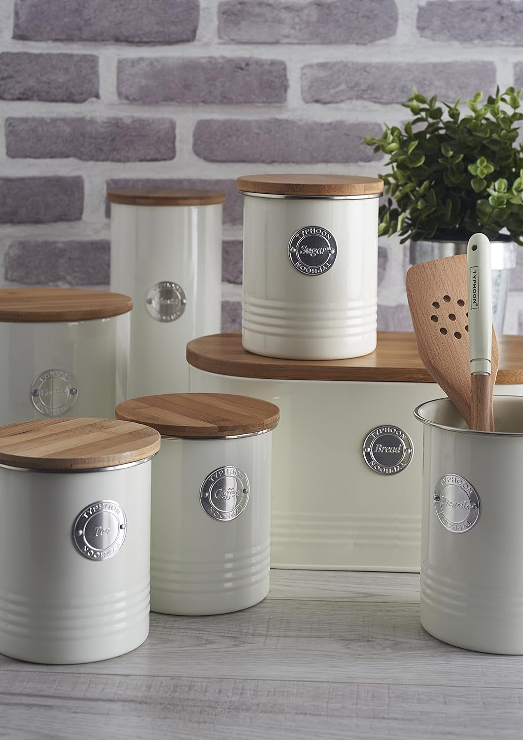 , Panera "Living" de acero inoxidable color crema, con tapa de bambú, crema Cajas para guardar alimentos Naty Shop