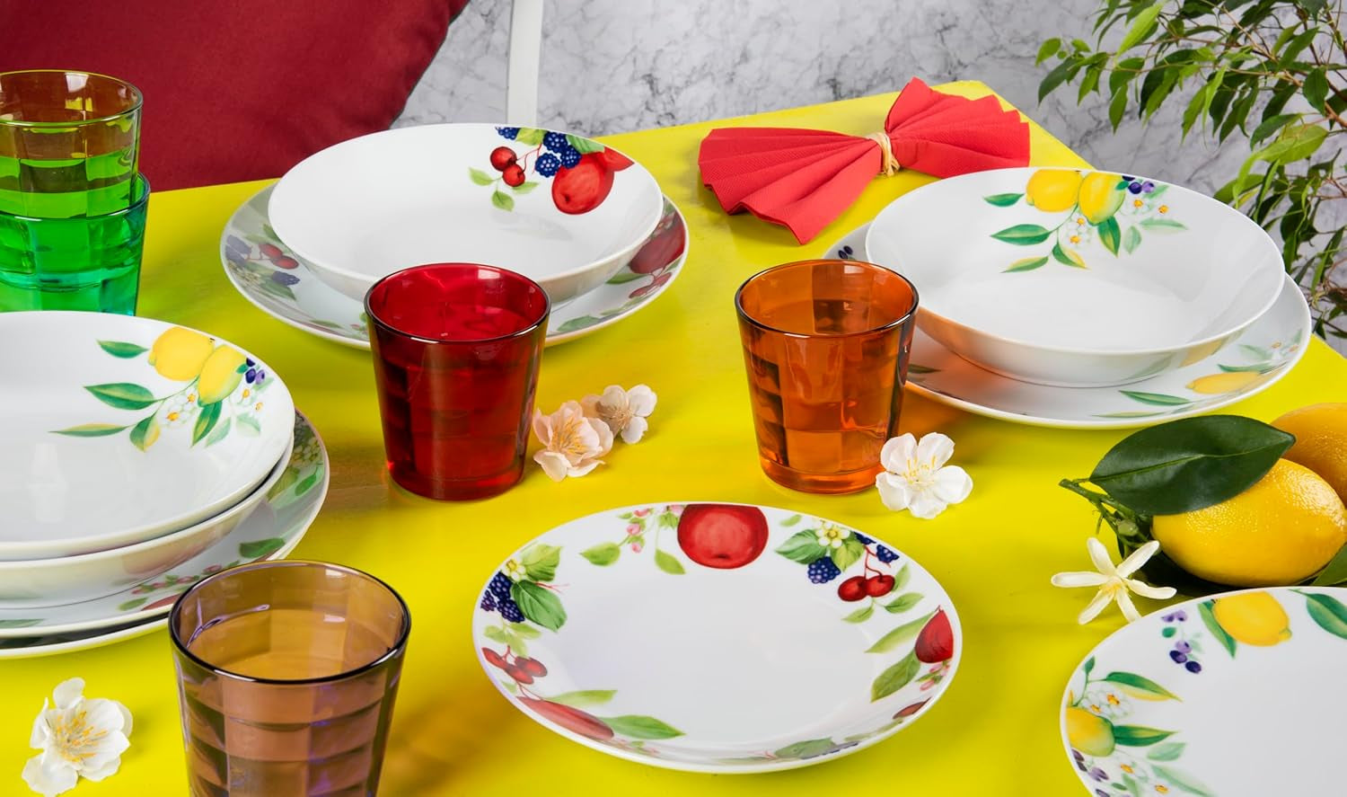 Excelsa Lemon vajilla 18 piezas, porcelana, blanco/limón