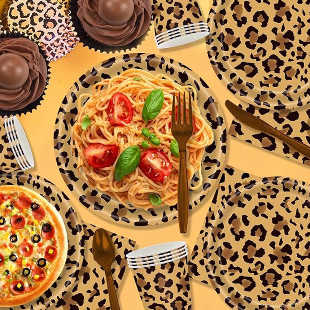 Patrón de leopardo Party Geschirr Kindergeburtstag Deko Geburtstag Party Geschirr Dschungel Pappteller Becher Servietten Babyparty Tischdeko Set