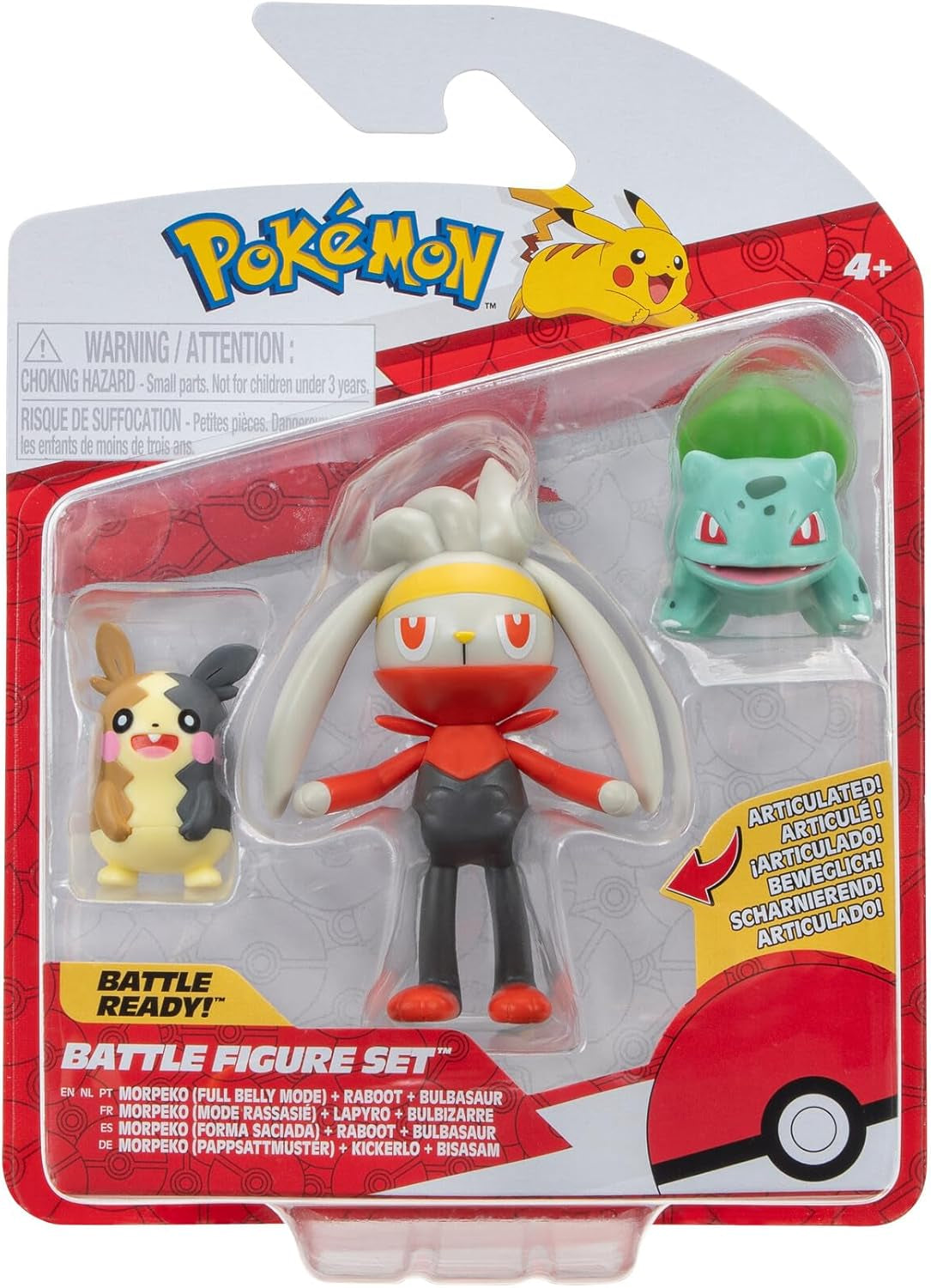 Pokémon PKW3057 Juego de figuras de batalla: Piepi, Tanhel, Lauchzelot Figuras de acción Naty Shop Morpeko, Bisasam, Kickerlo
