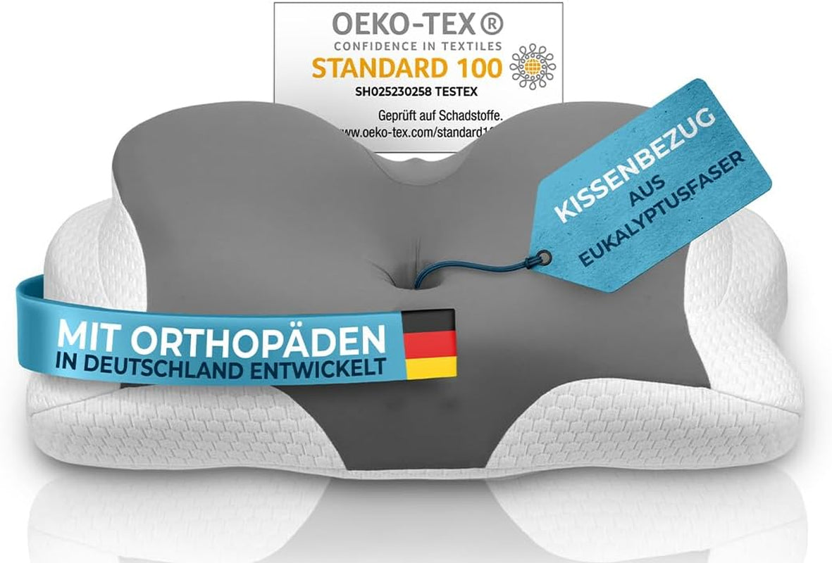 Almohada ortopédica [Nominada al Premio a la Innovación en Ergonomía] Almohada para el dolor de cuello hecha de espuma viscoelástica | Almohada de apoyo para el cuello Almohada ergonómica para dormir de lado Almohadas ortopédicas cervicales grises Naty Shop Gris Kissenbezug [Versión:Allrounder]