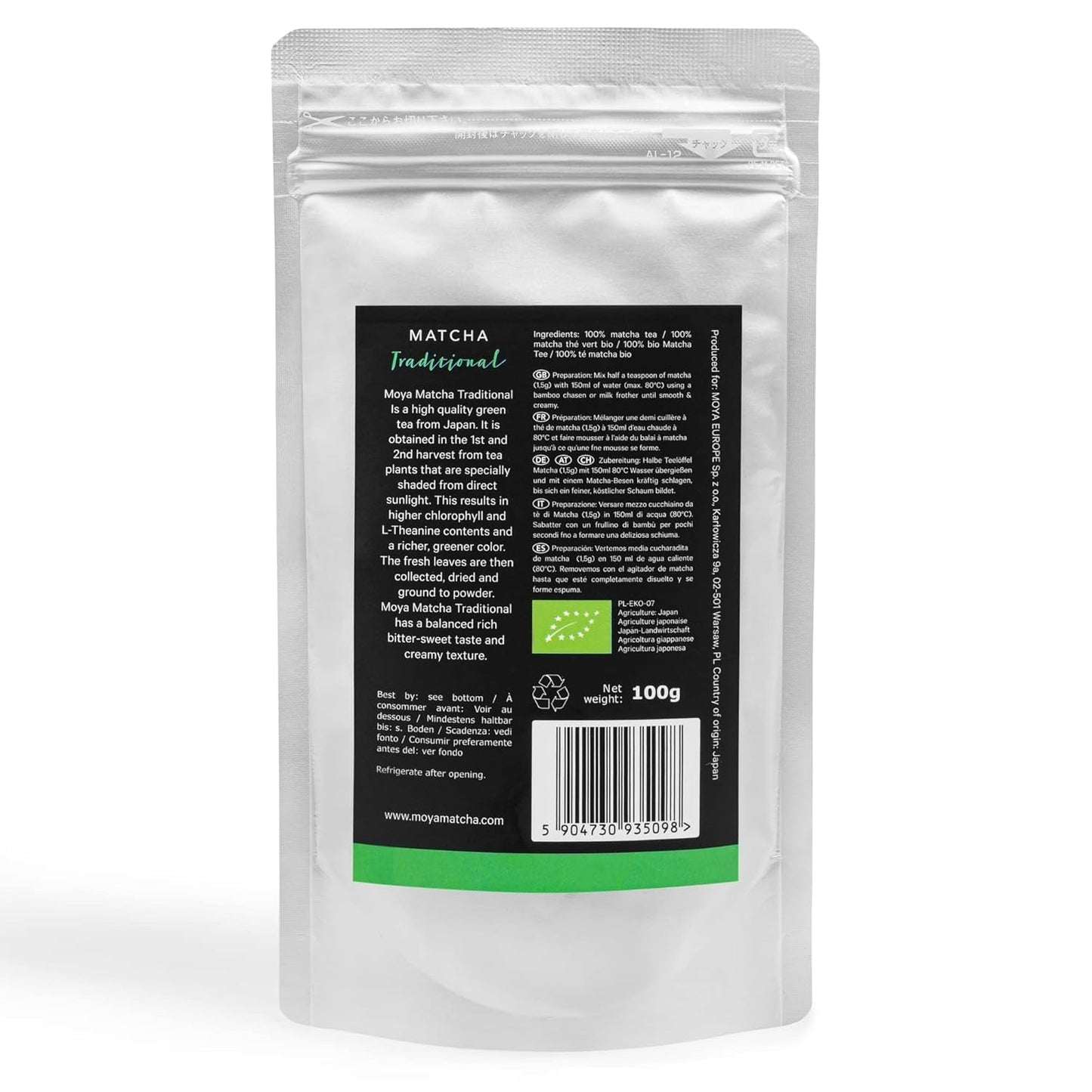 Moya Matcha té verde orgánico en polvo | 100 g ceremonia tradicional calidad 30 g | Cultivado y cosechado orgánicamente en Uji, Japón | Perfecto para beber con agua, matcha lattes, batidos y limonadas.