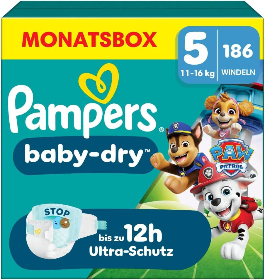 Pañales Pampers Baby-Dry Puppy Patrol Edition, talla 5, 186 pañales, 11 kg - 16 kg, hasta 100 % de protección contra fugas y comodidad durante toda la noche