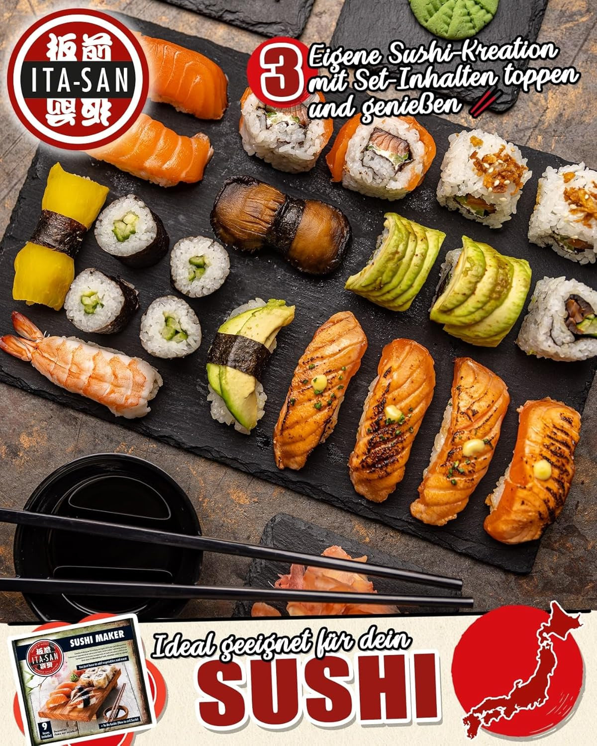 ITA-SAN Sushi Set (set completo de 9 piezas, ideal para principiantes, para prueba o regalo) 1 paquete