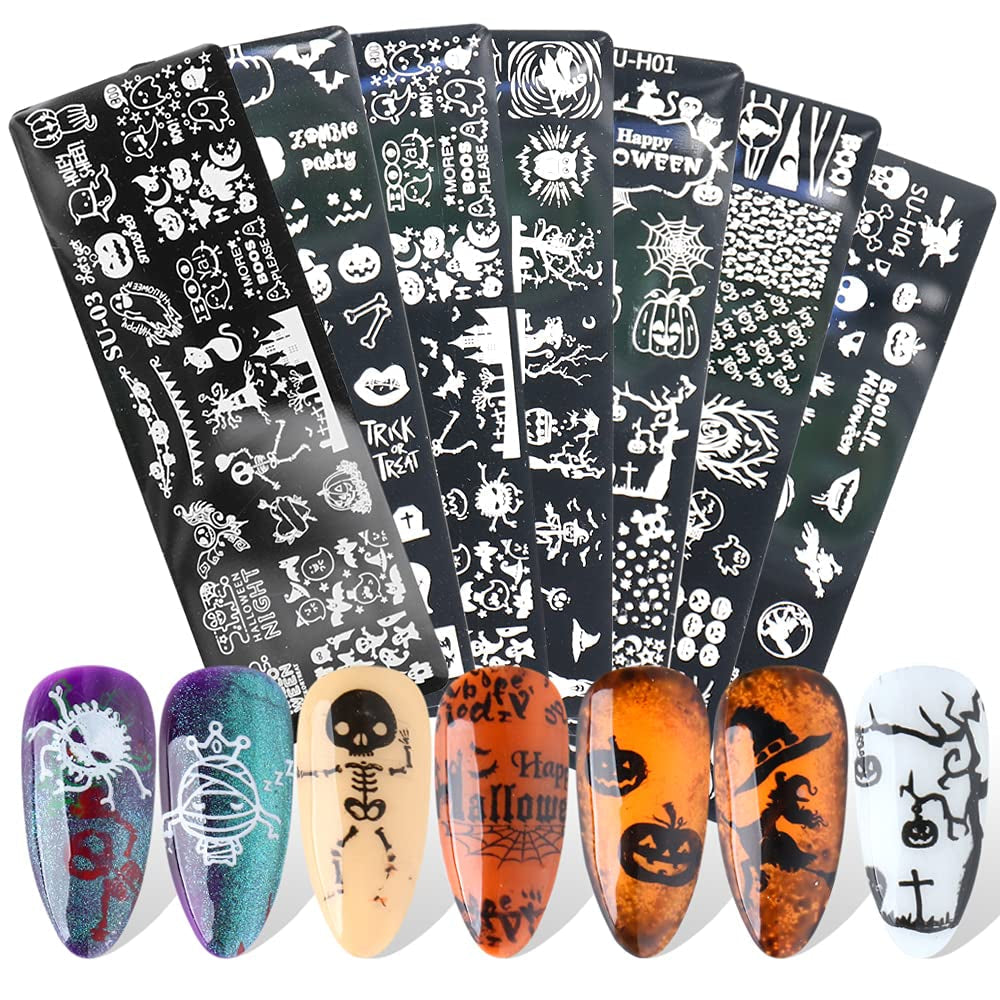 JMEOWIO Plantillas para estampación de uñas Halloween 6 Piezas Plantillas de Plantillas para decoración de uñas Diseño de uñas Zubehör Böse Gruselige Kürbis-Geisterhexe