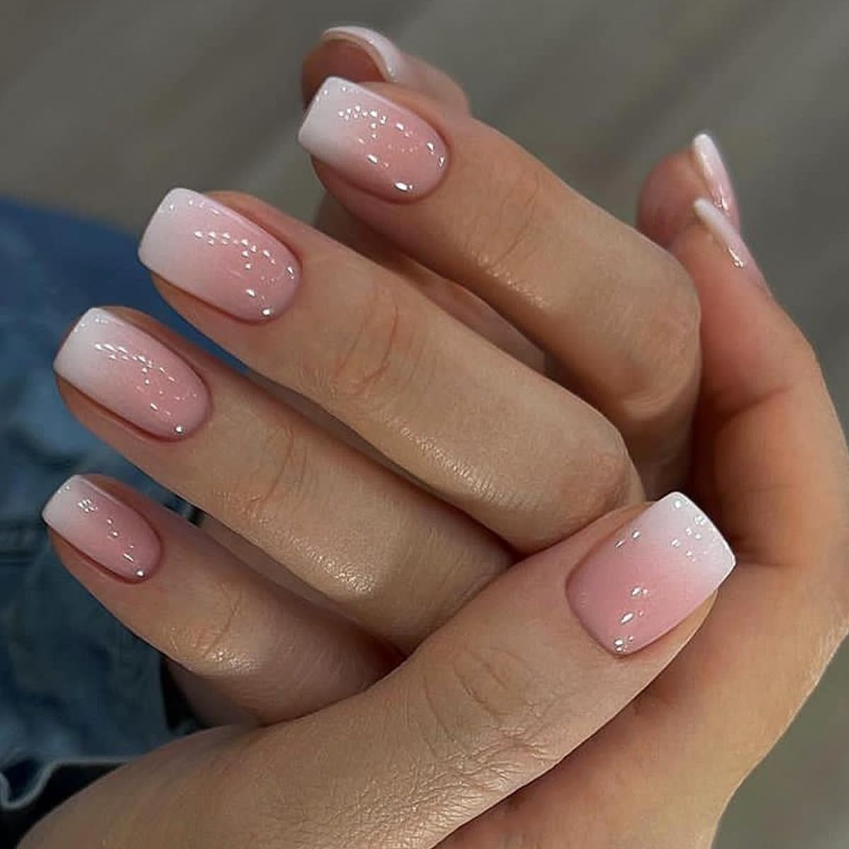 Juego de Uñas Postizas Adhesivas - Uñas Postizas Francesas - 24 Piezas Diseño Cuadrado Corto Blanco Rosa Degradado Uñas Artificiales Manicura Bailarina (Degradado Rosa Corto)