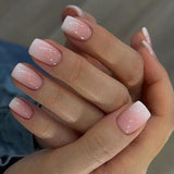 Juego de Uñas Postizas Adhesivas - Uñas Postizas Francesas - 24 Piezas Diseño Cuadrado Corto Blanco Rosa Degradado Uñas Artificiales Manicura Bailarina (Degradado Rosa Corto)