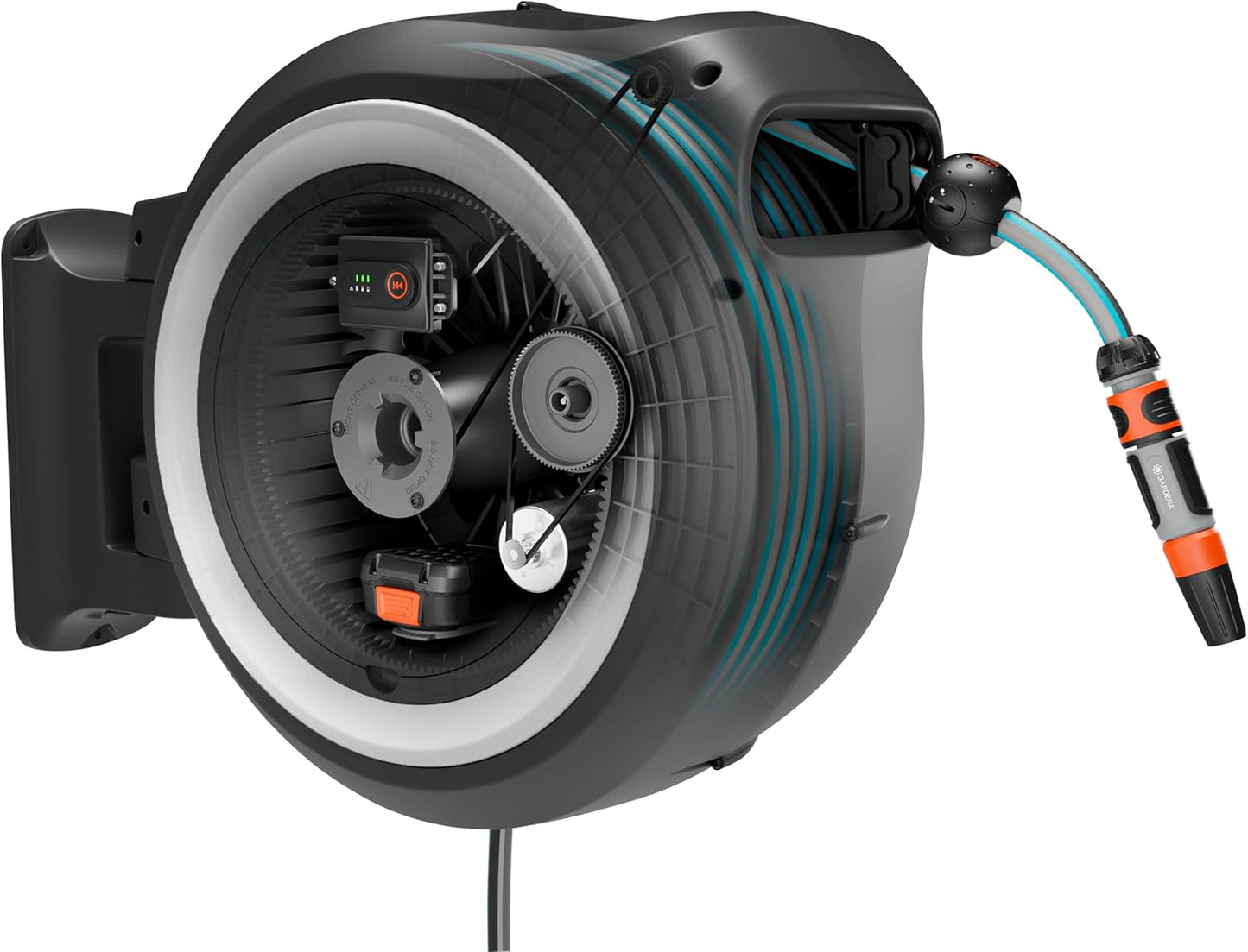 Gardena PowerRoll XXL Solo Caja de manguera de pared inalámbrica: Enrollador de manguera automático con manguera de jardín de 40 m, guía de manguera y RollControl, funciona con pilas, resistente a los rayos UV y a las heladas (18647-55)