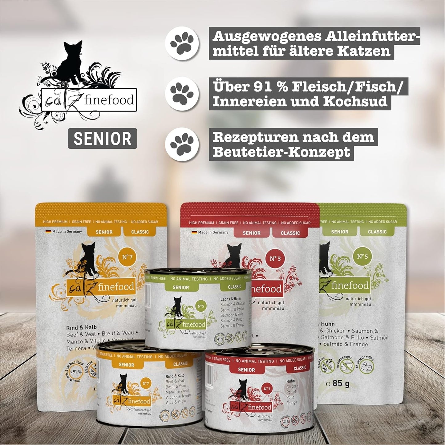catz finefood Senior Collection Katzenfutter nass - Premium Nassfutter für Ihre Senior Katze - getreidefrei, ohne Zucker, hoher Fleischanteil, Vitamine & Mineralien (6 dosis de 200 g)