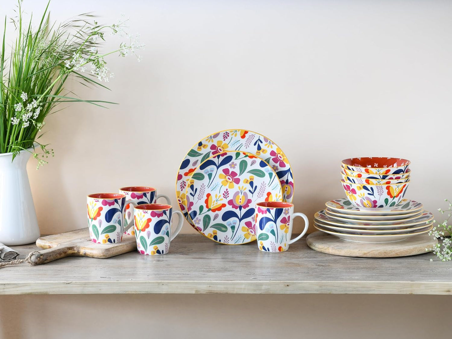 CreaTable, 17407, serie Folklore, juego de vajilla de 16 piezas para 4, servicio combinado de porcelana, apto para lavavajillas y microondas, fabricación de calidad