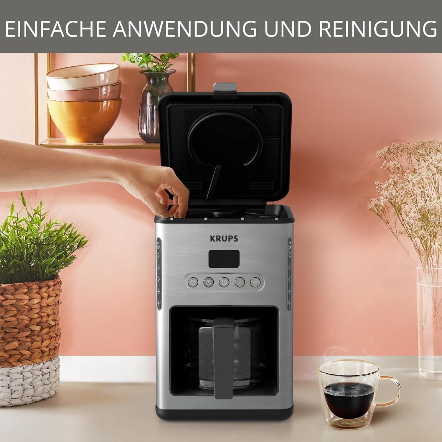 Cafetera espresso con filtro Krups KM442D Premium | 10-15 tazas | 1000 vatios | programable | función mantener caliente | acero inoxidable | negro