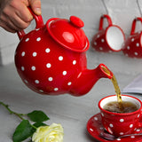 City to Cottage® - Juego de té grande | Rojo y Blanco | Puntos | Hecho a mano | Tetera de cerámica de 1,7 litros, jarra de leche, azucarero