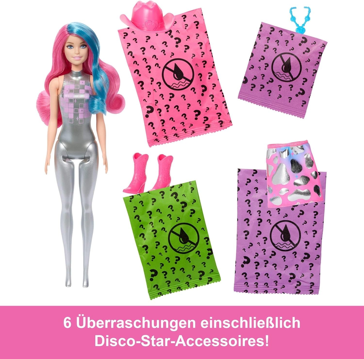 Muñeca Barbie Color Reveal y accesorios con 6 sorpresas, serie Disco Star con purpurina metálica y parte superior que cambia de color (los estilos pueden variar), JCP01, 32 cm