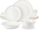 MALACASA Juego de vajilla para 4 personas Bone China Juego de vajilla de 16 piezas Redondo blanco con borde dorado Juego combinado de 4 platos llanos 4 platos de postre 4 platos Suma y 4 tazones de cereales Serie NORI