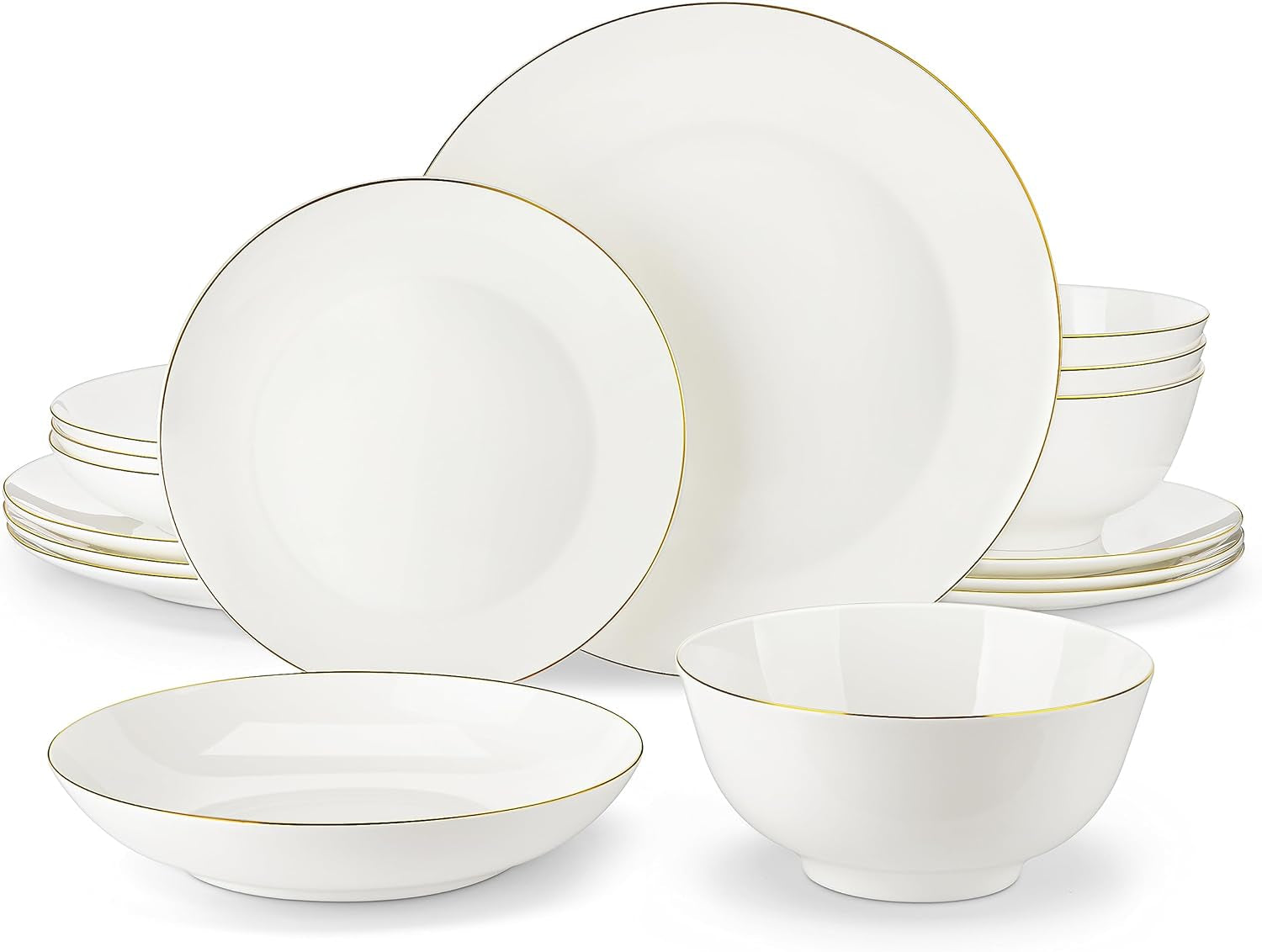MALACASA Juego de vajilla para 4 personas Bone China Juego de vajilla de 16 piezas Redondo blanco con borde dorado Juego combinado de 4 platos llanos 4 platos de postre 4 platos Suma y 4 tazones de cereales Serie NORI
