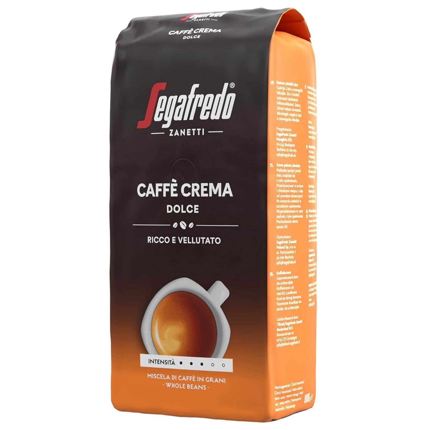 Segafredo Zanetti Caffè Crema Dolce - Granos enteros (paquete de 1 kg) - Apto para Caffè Crema - Café en grano de tostado ligero a medio con un sabor suave y equilibrado (paquete de 2)