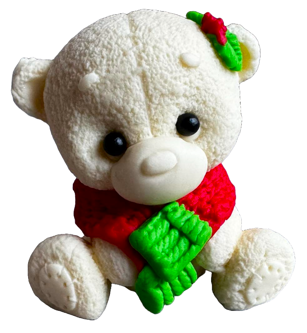 Decoración comestible de pasta de azúcar, Osito de peluche blanco con pañuelo verde y rojo Decoraciones de pasta de azúcar Naty Shop