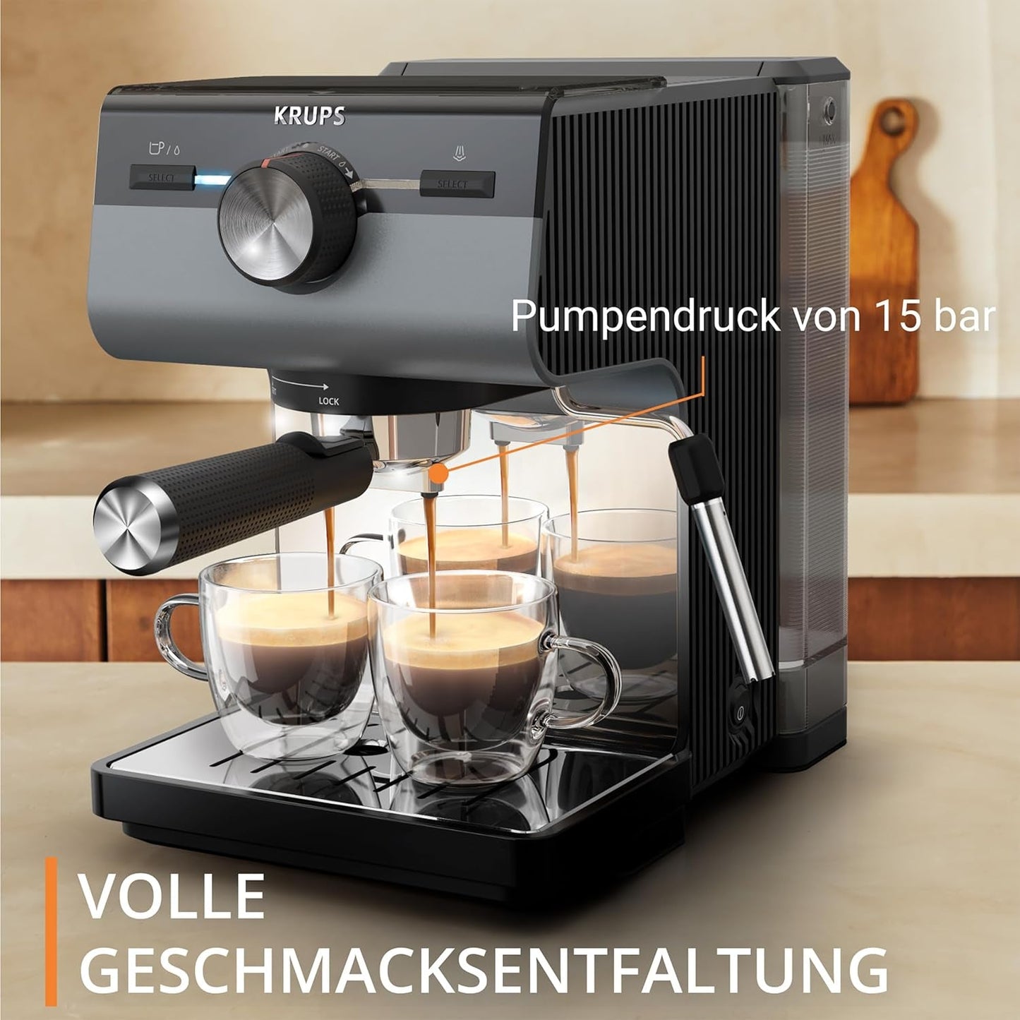 Cafetera espresso KRUPS Authentic+, 15 bar, funcionamiento intuitivo, diseño sofisticado, boquilla de vapor, accesorios ampliados incluidos, Bullet Dark silver/Acero inoxidable, XP384G10