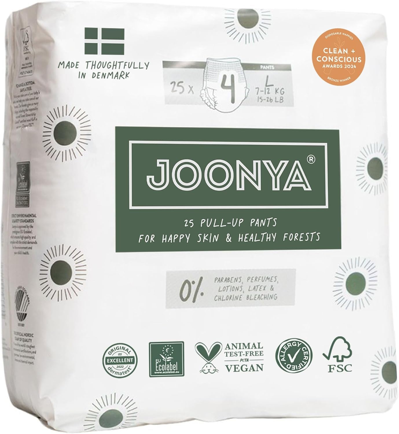 Pañales push-up, talla 4 L (7-12 kg) - 1 bolsa de 25 piezas - Sin sustancias nocivas, ecológicos, ultraplanos, para uso nocturno - Fabricado en Dinamarca