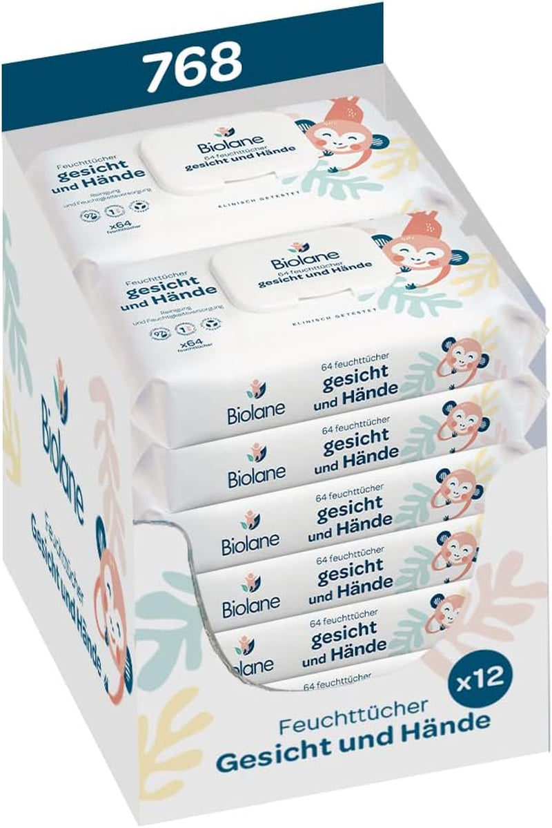 BIOLANE - Toallitas húmedas para bebés, cara y manos - Toallitas de limpieza extra suaves para la higiene - Toallitas húmedas para bebés desde el nacimiento - Sin alcohol - 12 x 64 toallitas (768 toallitas)