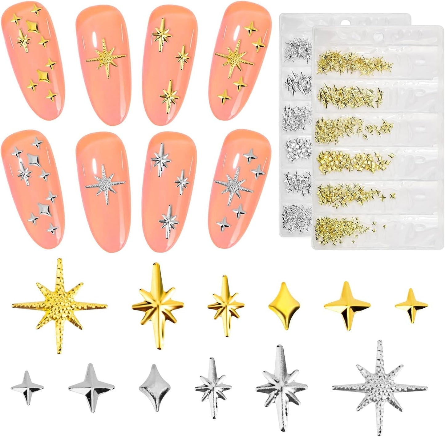 400 Stück Gold Silver Stern Nail Charms Nägel, 3D Metall Star Nagelkunst Dekorations, Star Nail Design Gemischt Größe Form Nägel Zubehör
