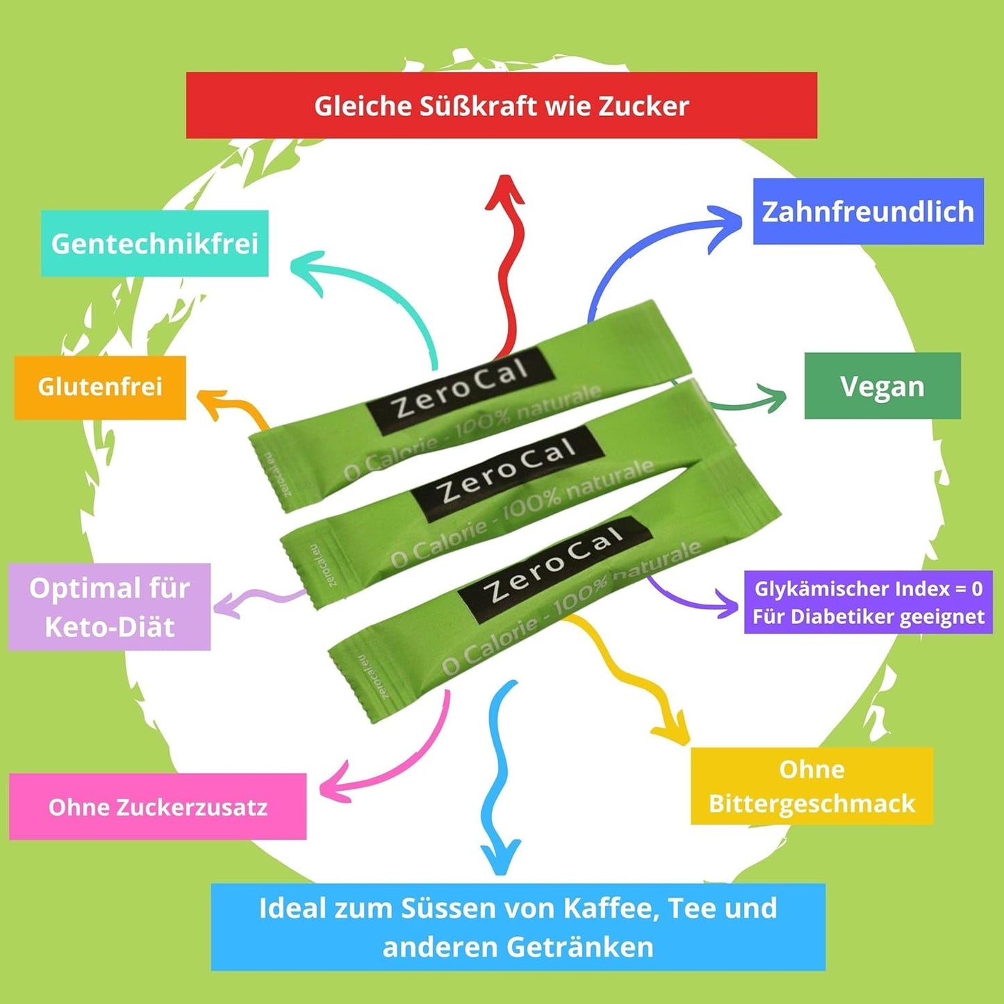 Zerocal - 1:1 (Eritritol + Stevia) 100 Sticks Je 3 G | Ideal para endulzar café, té y otras bebidas Gleiche Süßkraft Von Zucker | Sin gluten, vegano, sin OGM | Kalorien Und GI = 0 Edulcorantes Naty Shop