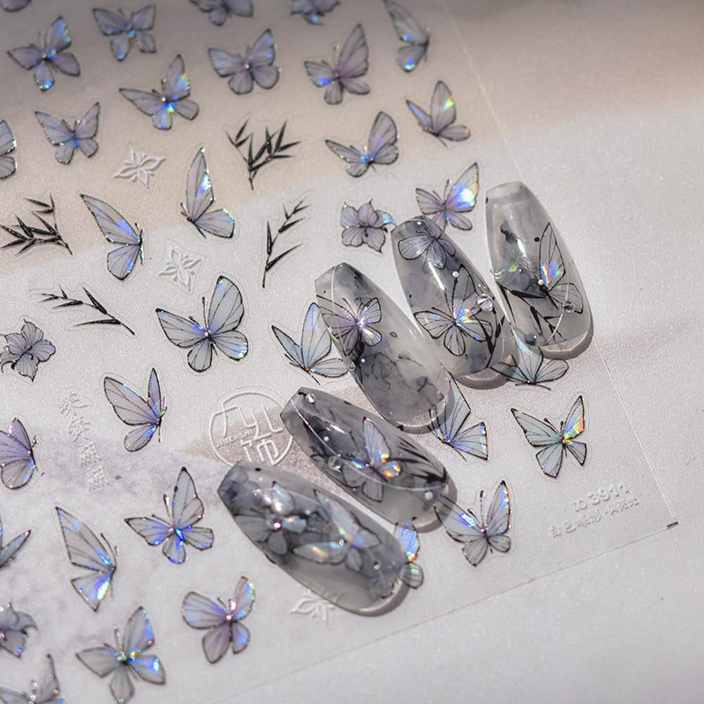 2 Blätter Schmetterling Nagelsticker Selbstklebend,Muschel Glitzer Nail Art Mariposas Adhesivos para uñas Lila Grau Schmetterlinge Nagelaufkleber Relieve Láser Mariposas Nagel Adhesivo Nageldesign Zubehör