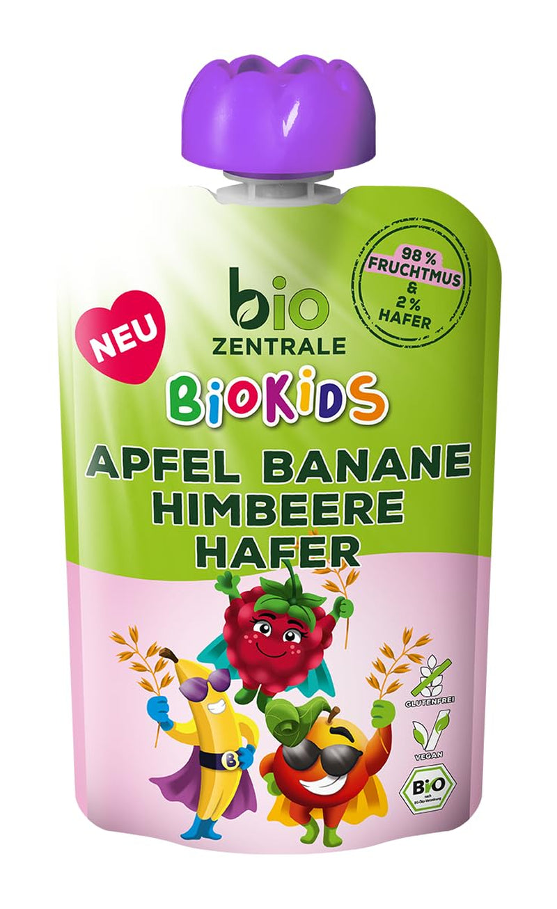 biocentral BioKids Puré de frutas Manzana Plátano Frambuesa Avena | 12 x 90g | Snack frutal sin azúcares añadidos | vegano