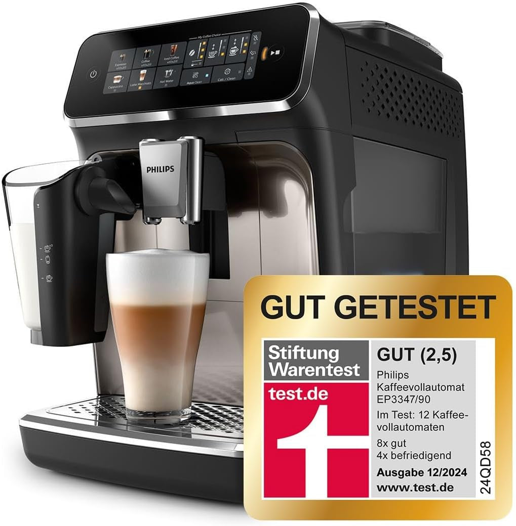 Cafetera espresso automática PHILIPS serie 3300 - 6 bebidas, moderna pantalla táctil a color, sistema de preparación de leche LatteGo, SilentBrew, molinillo 100% cerámico, filtro AquaClean. Cromo negro (EP3347/90)