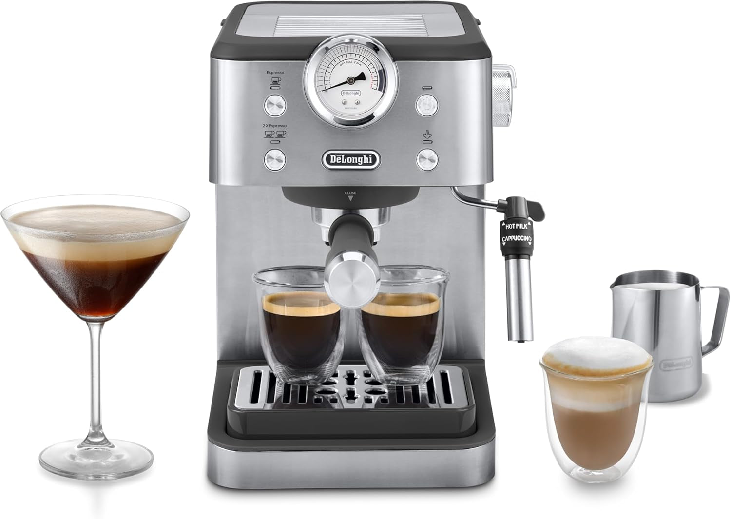 De'Longhi Classic EM450.M Cafetera espresso con filtro portátil y espumador de leche profesional, carcasa totalmente metálica, 15 bar, depósito de agua de 1,7 l, acero inoxidable/metal