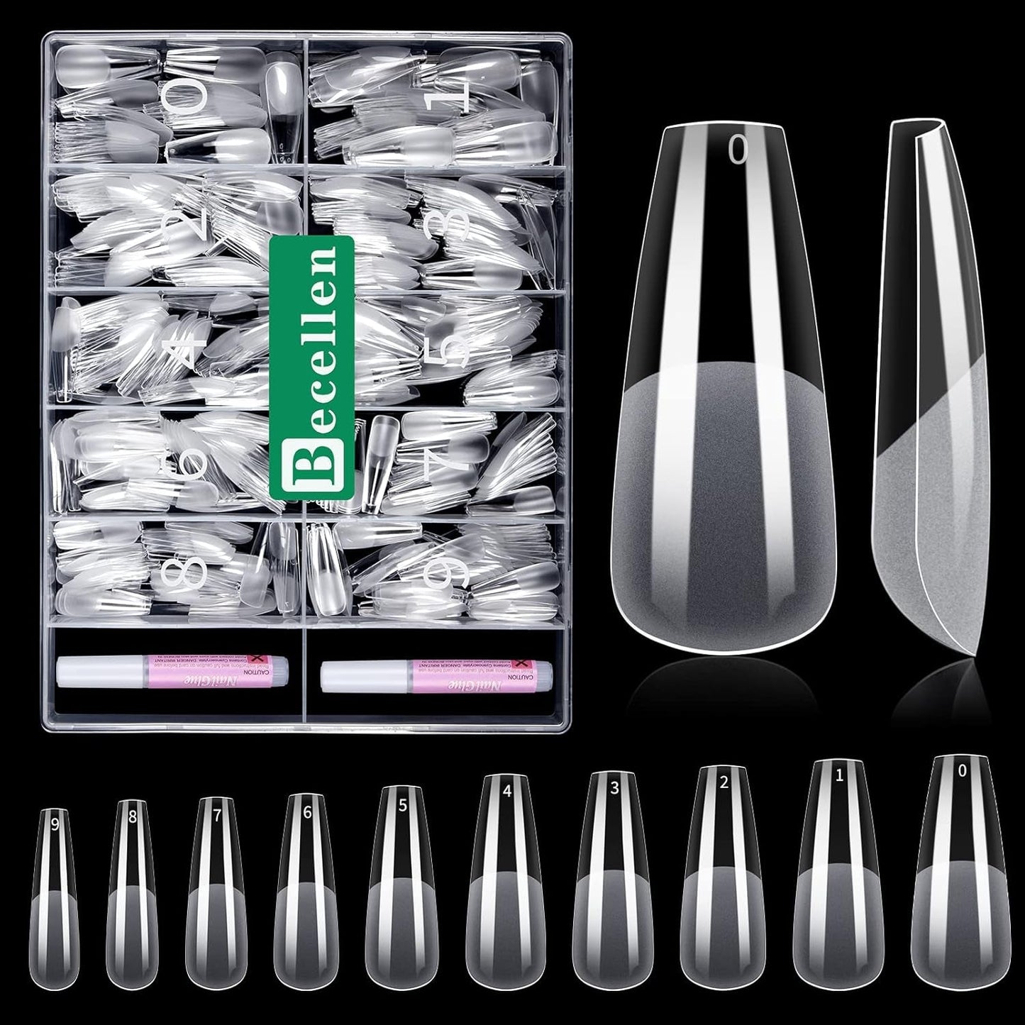 Becellen 500 puntas de uñas artificiales, puntas de uñas de gel suave, cobertura completa, puntas de uñas de gel, uñas artificiales prepulidas, juego de pegamento para decoración de uñas (almendras)