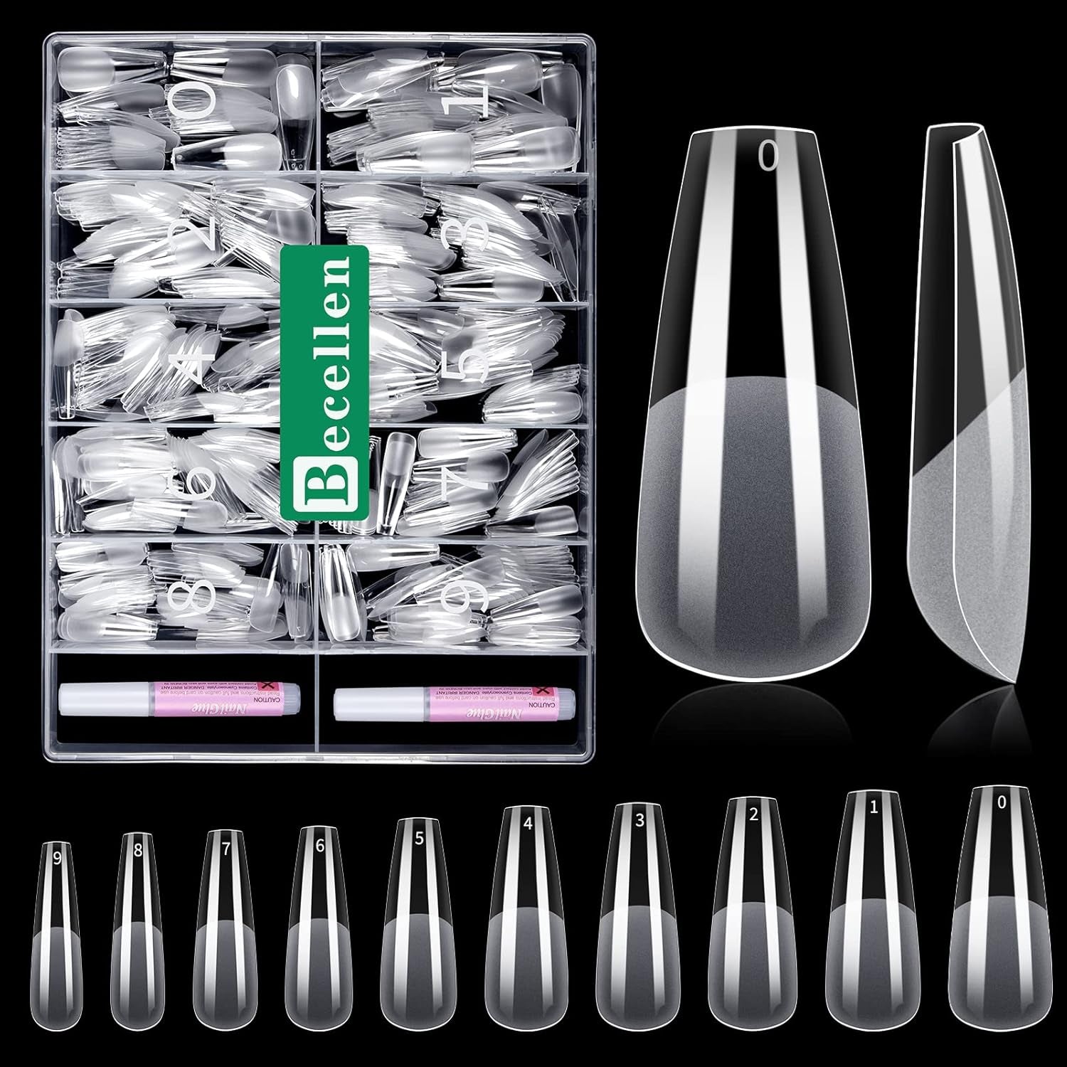 Becellen 500 puntas de uñas artificiales, puntas de uñas de gel suave, cobertura completa, puntas de uñas de gel, uñas artificiales prepulidas, juego de pegamento para decoración de uñas (almendras)