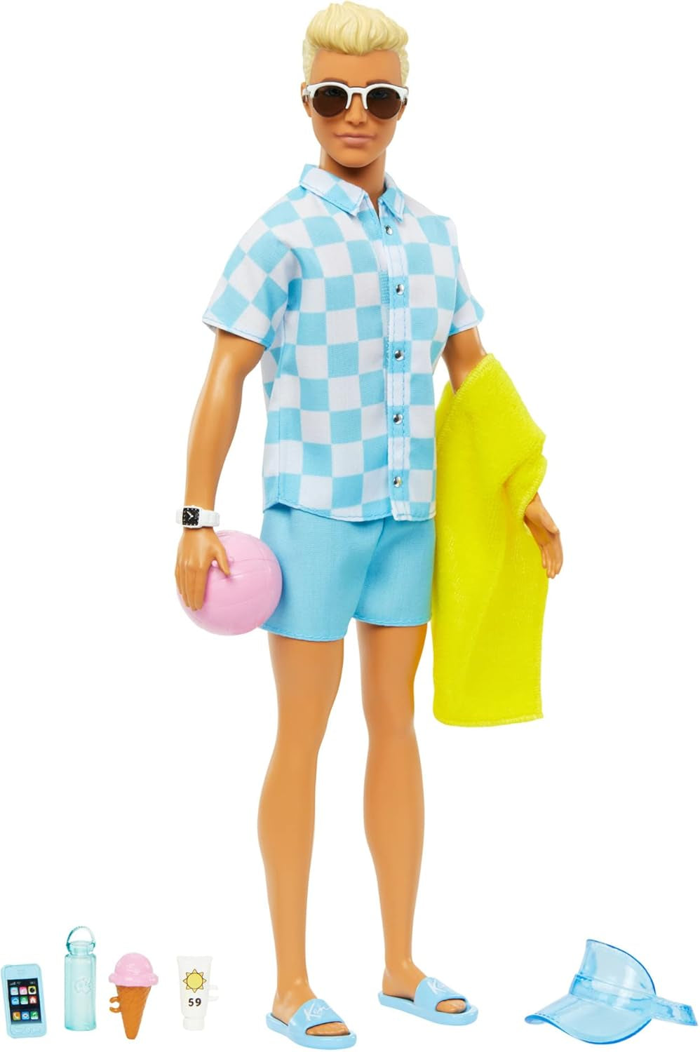 Barbie Ken - Muñeca rubia con camisa azul y delantal de baño, accesorios de playa y pelota de playa para juegos creativos, a partir de 3 años, HPL74