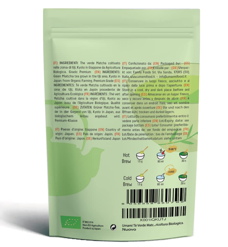Té verde Matcha Umami Bio en polvo: calidad premium, cultivado en Uji, Kioto (Japón) Procedente de agricultura ecológica. 50 gramos