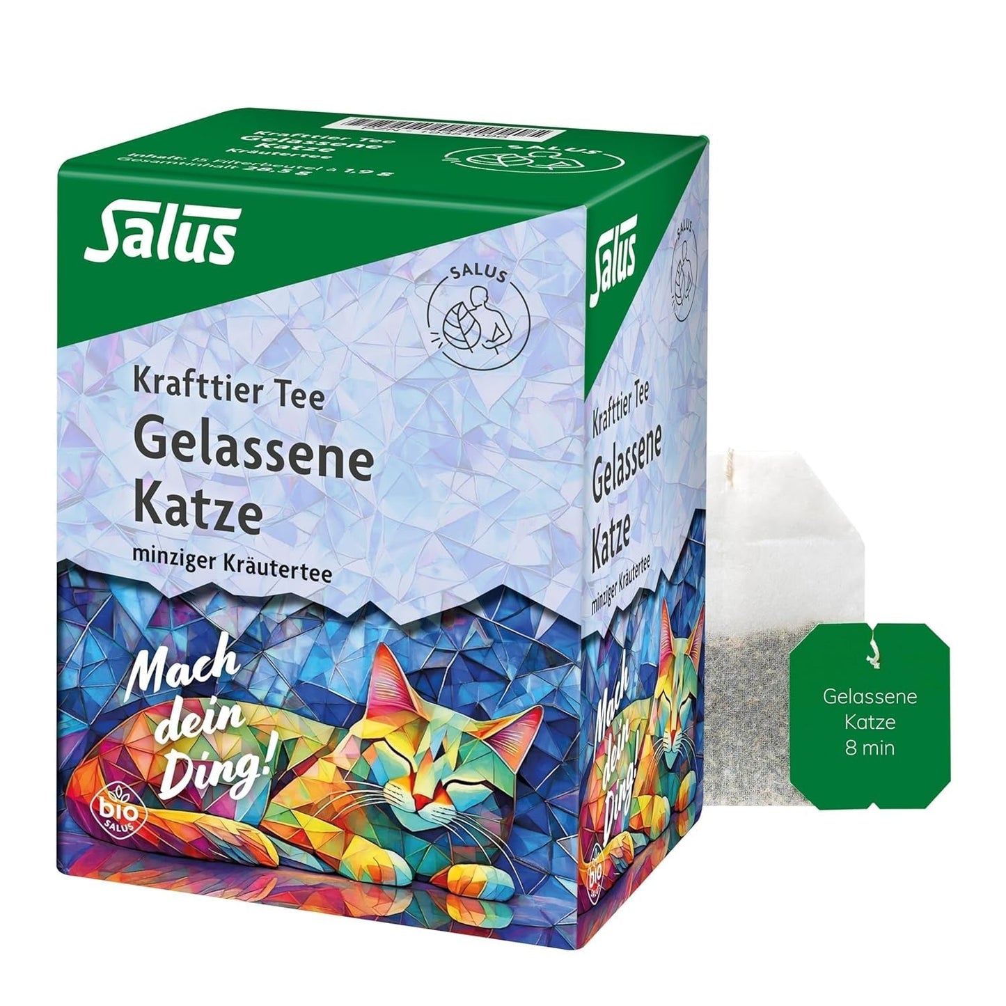 Salus - Té Krafttier - El gato tranquilo - 1X 15 bolsas filtrantes (28,5 g) - Té de hierbas con menta y Ashwagandha - Orgánico