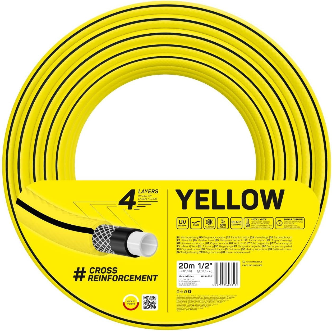 Manguera de jardín Cellfast AMARILLO, ligera, duradera, 4 capas, trenza cruzada duradera, resistente a los rayos UV y a las algas, resistente a la torsión, tecnología REACH, 20 bar, -10/+50°C, cierre: 1/2", 20m