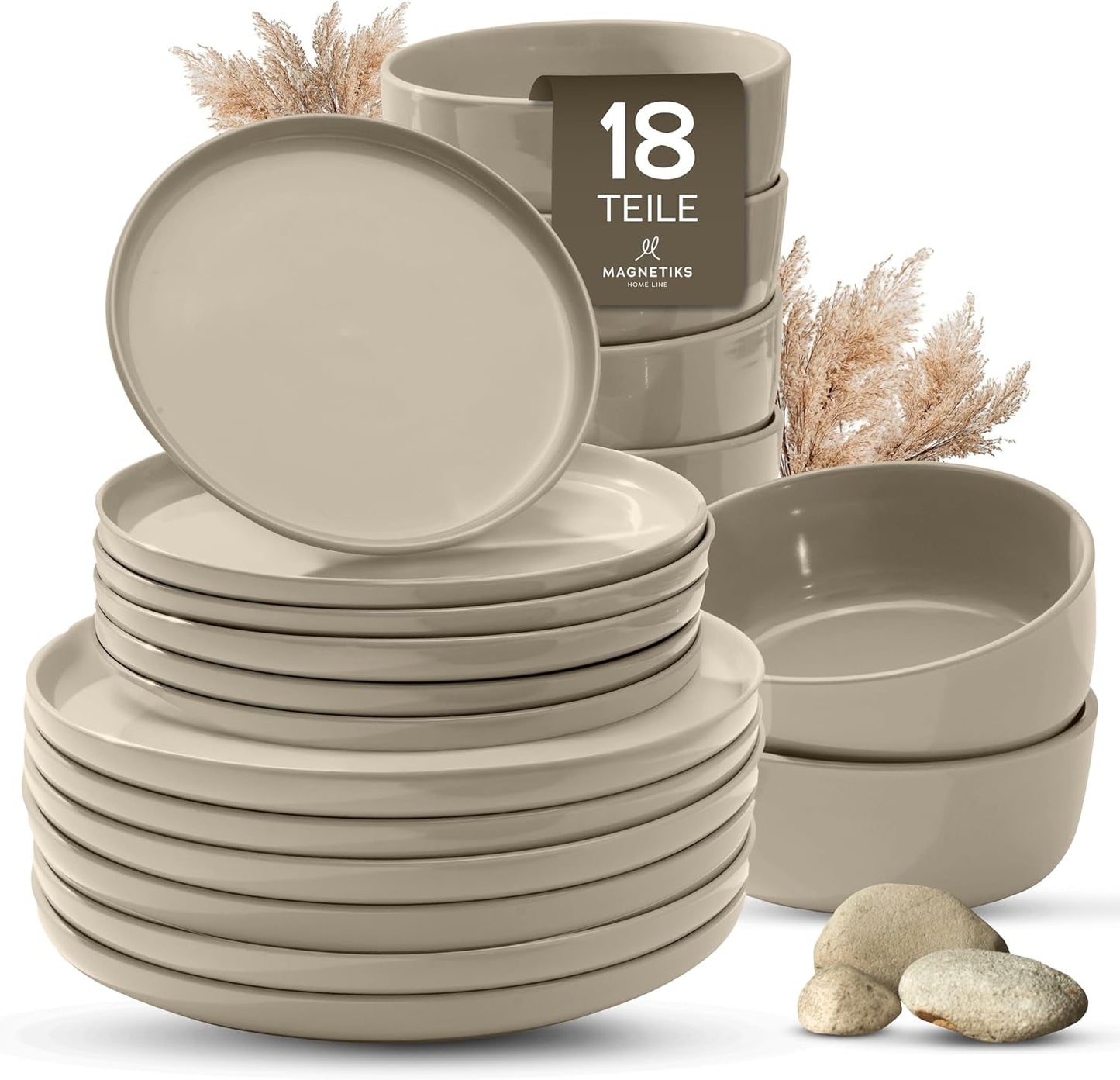 Vajilla de Gres Porcelánico para 6, 18 Piezas - Más Fuerte y Resistente a los Rayones que los Platos y Cuencos de Loza, Beige Brillante | El juego de vajilla incluye 6 platos llanos, 6 platos de postre y 6 tazones.