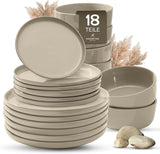 Vajilla de Gres Porcelánico para 6, 18 Piezas - Más Fuerte y Resistente a los Rayones que los Platos y Cuencos de Loza, Beige Brillante | El juego de vajilla incluye 6 platos llanos, 6 platos de postre y 6 tazones.