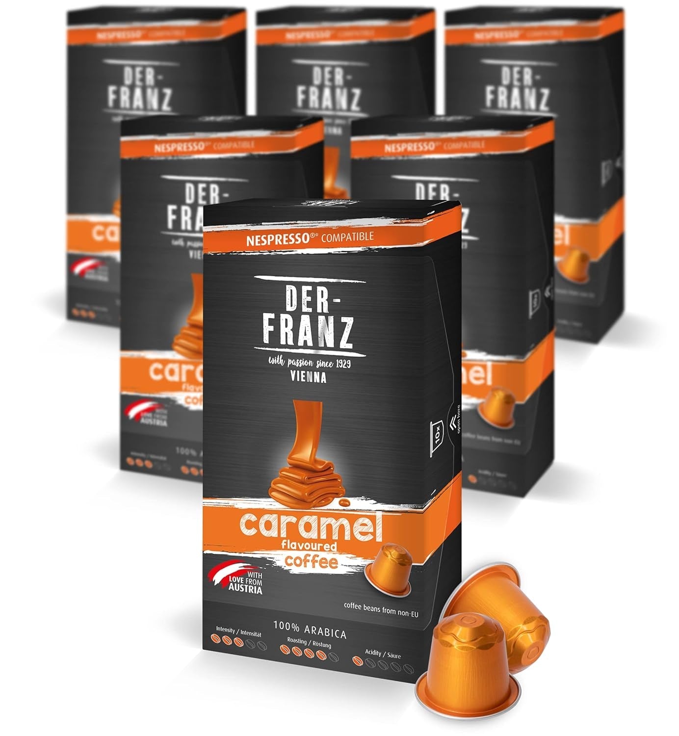 Der-Franz Cápsulas de Café Compatibles con Nespresso, 6 x 10 Cápsulas, Aroma a Caramelo, Tostado Medio