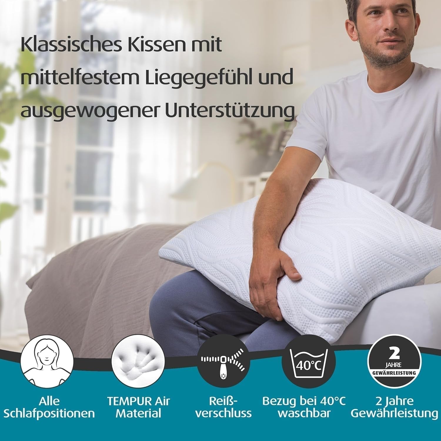 TEMPUR Comfort Air Almohada para dormir Mediana, Almohada transpirable para cualquier posición al dormir, FABRICADO OEKO-TEX en VERDE, firmeza media, 40 X 80 Cm Naty Shop almohadas estándar