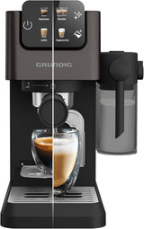 Cafetera espresso con portafiltro GRUNDIG KSM 5330 con depósito de leche integrado, potencia 1628 W, presión de bomba 15 bar, doble boquilla, pantalla táctil a color, BrewSense, CreamyPro, Acero inoxidable oscuro/Negro
