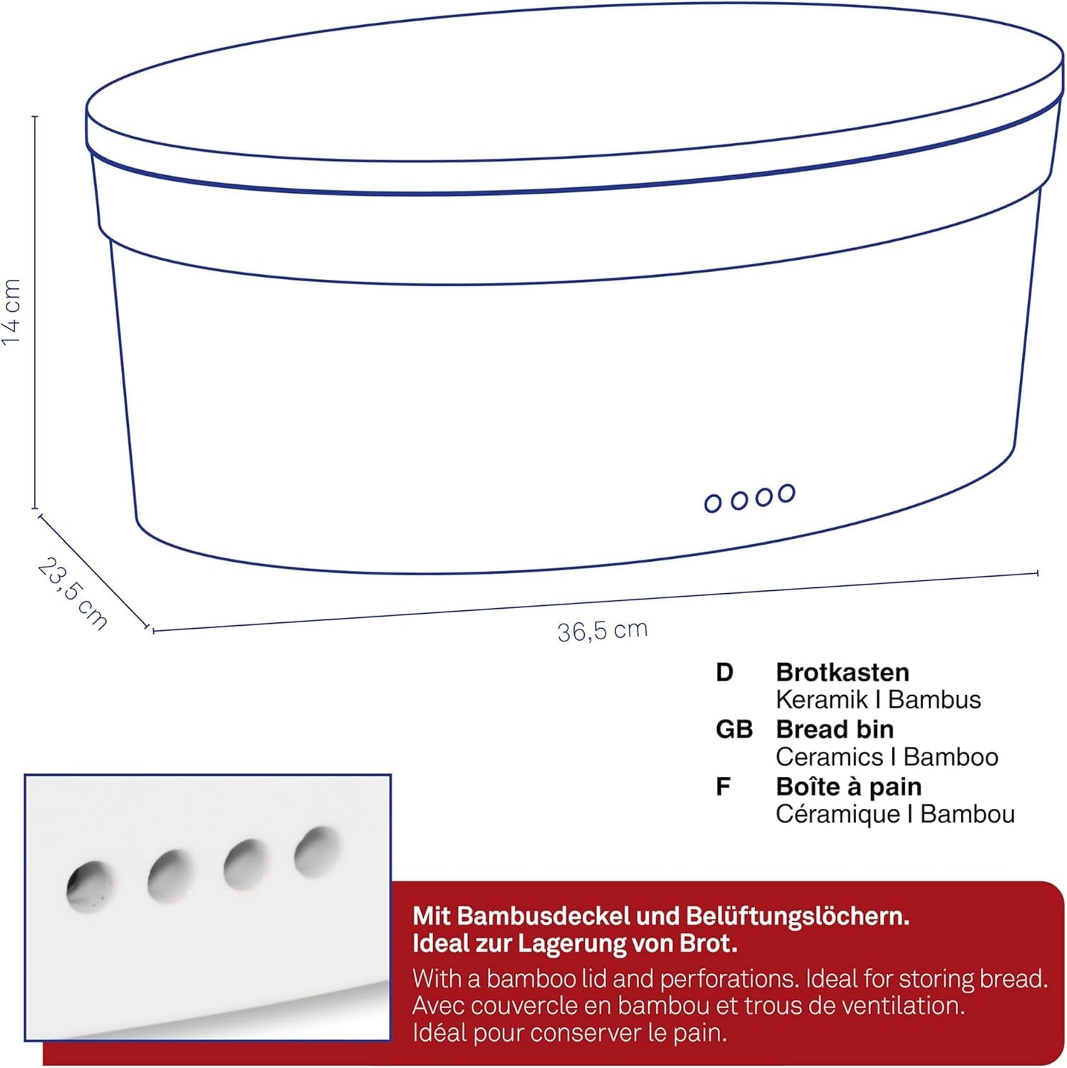 Kela panera con orificios de ventilación, panera de cerámica, SALENA, panera, blanco, 36,5 x 23,5 x 14 cm Cajas de almacenamiento de alimentos Naty Shop