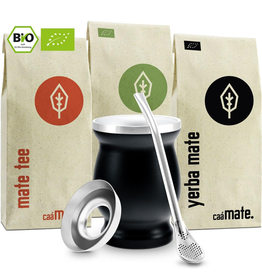 Juego de Té Mate Bio ● 3 Surtidos de Mate + Taza de Mate de Acero Inoxidable de Doble Pared + Bombilla + Instrucciones de Preparación (Negro)