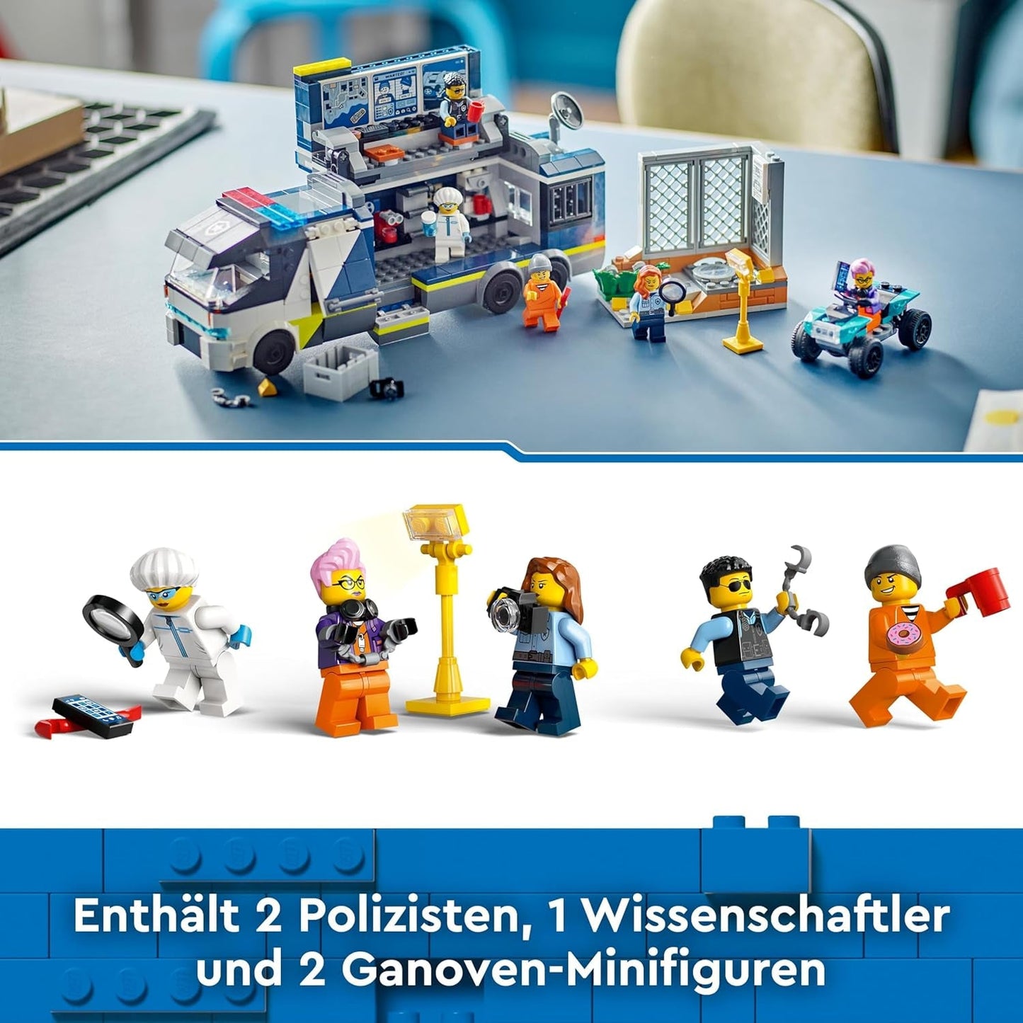LEGO City Camión de policía con laboratorio, set de policía cuádruple y camión de juguete para niños, regalo para niños y niñas a partir de 7 años, además de 5 minifiguras: 2 policías, 1 científico y 2 ladrones 60418 Juegos de construcción Beuche den LEGO-Store