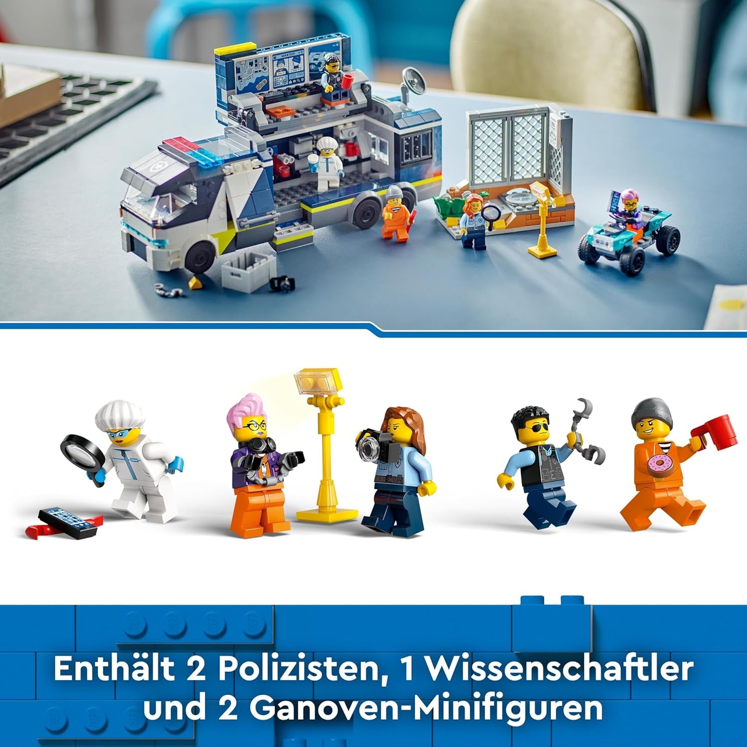 LEGO City Camión de policía con laboratorio, set de policía cuádruple y camión de juguete para niños, regalo para niños y niñas a partir de 7 años, además de 5 minifiguras: 2 policías, 1 científico y 2 ladrones 60418 Juegos de construcción Beuche den LEGO-Store