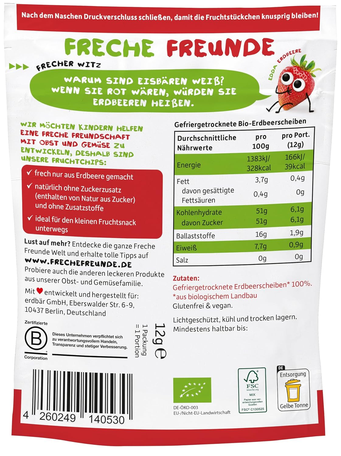 FRECHE FREUNDE Chips de frutas de fresa orgánicos, chips de frutas liofilizadas, frutas secas en rodajas naturales sin azúcar añadido, vegano, sin lactosa, sin gluten, paquete de 12 (12 x 12 g)