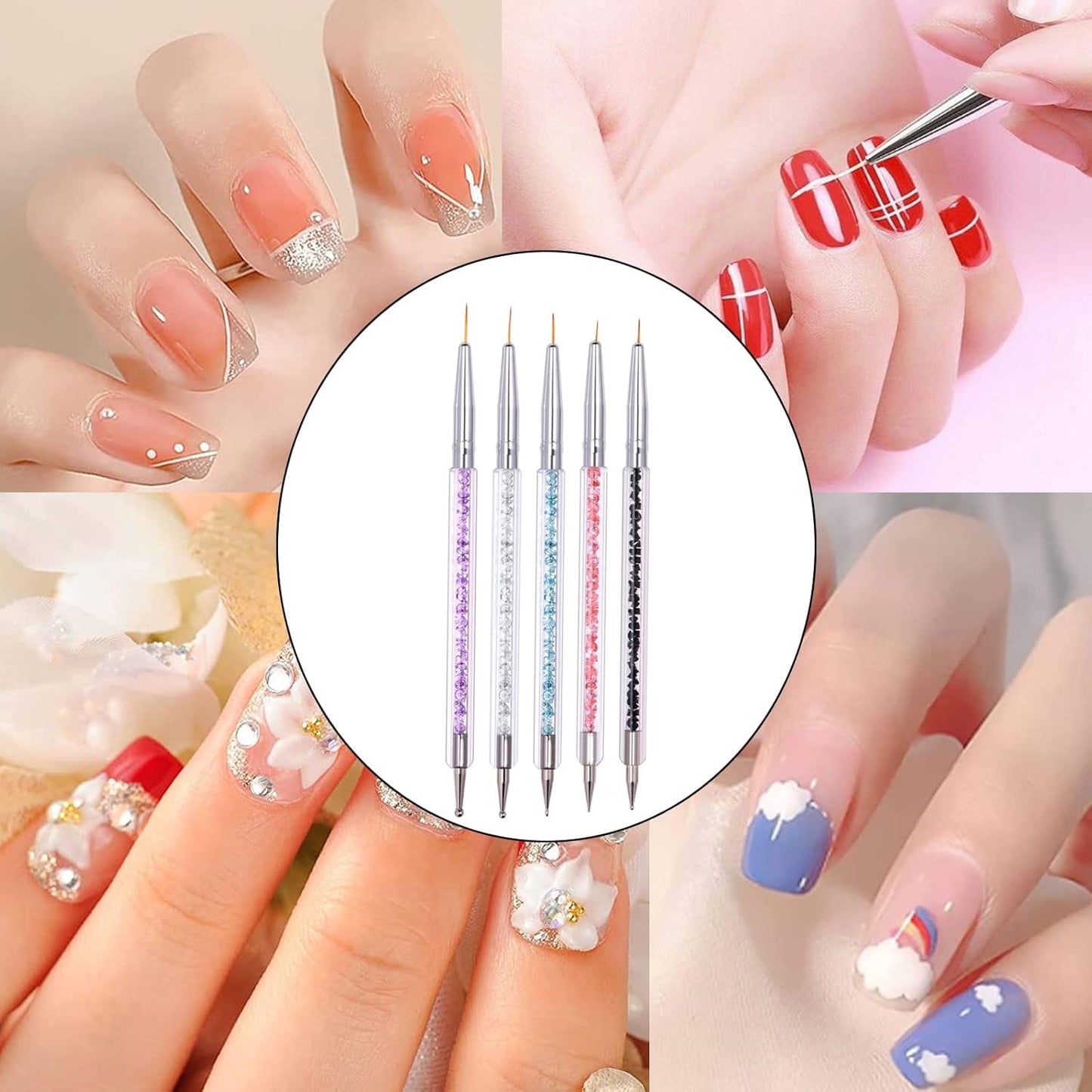 Juego de 5 pinsel Nagel, pinsel Nageldesign, herramientas de punteado para decoración de uñas, bolígrafo acrílico profesional de doble punta para decoración de uñas DIY