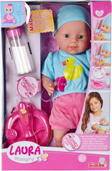Simba 105010964 - Muñeca Laura Hungry de cuerpo blandito con maniquí, cuchara mágica, biberón que desaparece y plato pequeño, 38cm, muñeca a partir de 2 años Naty Shop Single Dolls